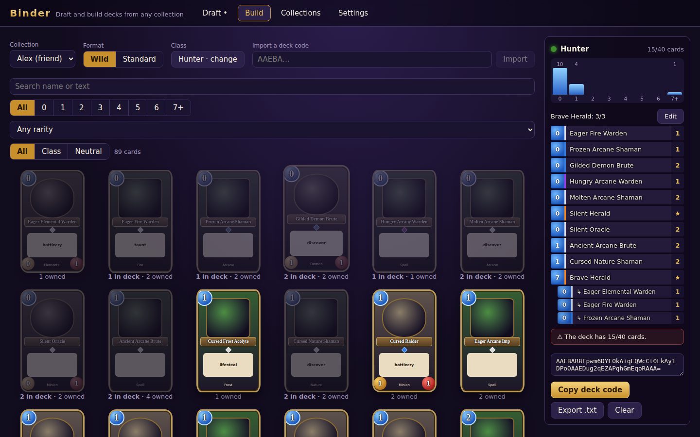 The Build page: a card grid from a friend's collection next to the deck list