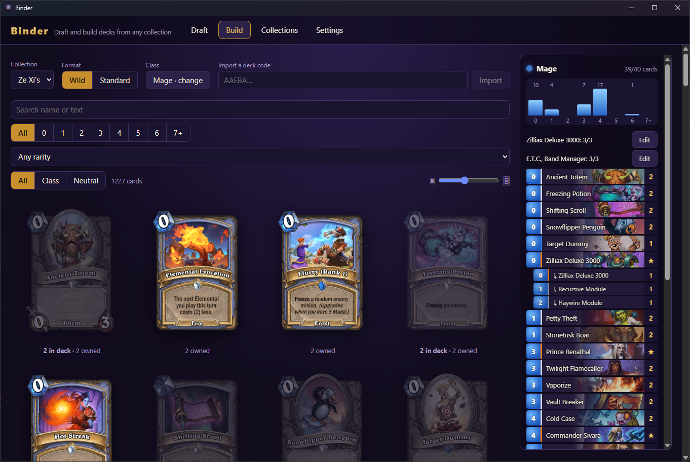 The Build page: a card grid from a friend's collection next to the deck list