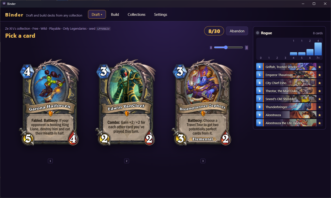 A draft pick: three cards to choose from, the deck list on the right
