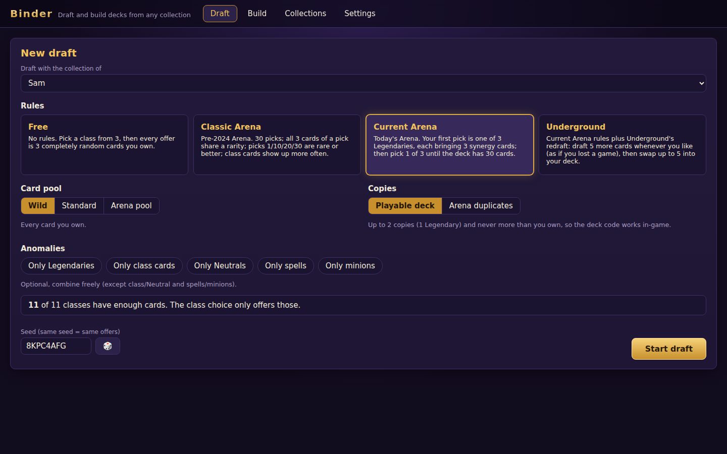 Draft setup with modes, card pools and anomalies