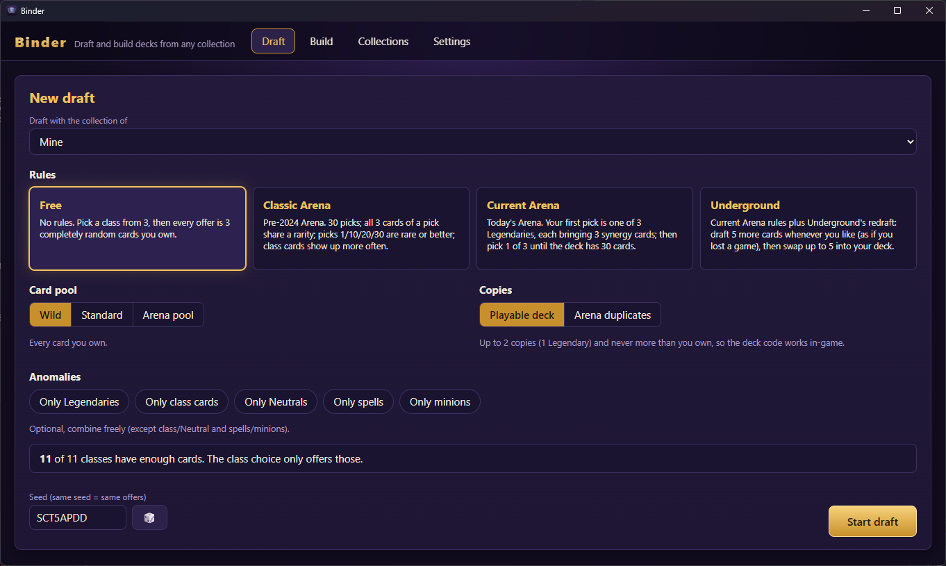 Draft setup with modes, card pools and anomalies